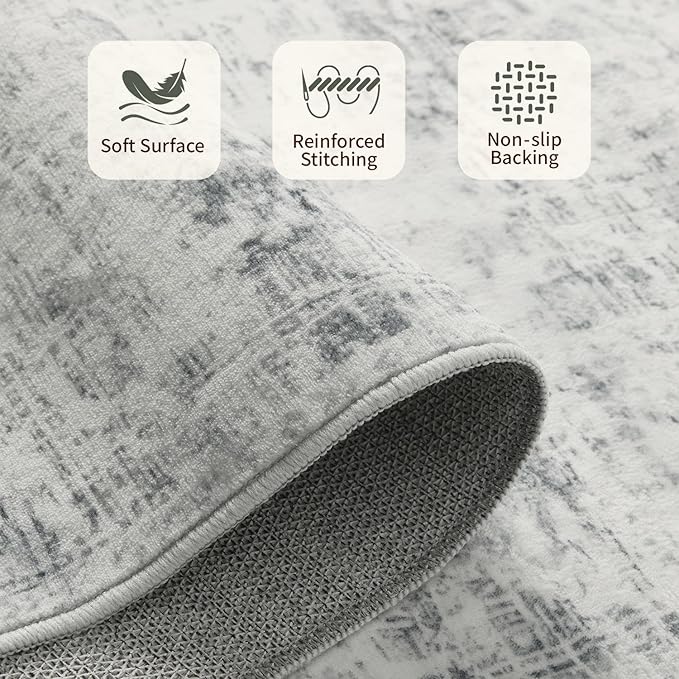 6x9 Area Rugs for Living Room Bedroom, Large Washable Rug, Grey Vintage Abstract Boho Rug, Non Slip & Low Pile Faux Wool Carpet for Indoor Dining Room, Farmhouse and Kids Room(Grey 6x9ft)