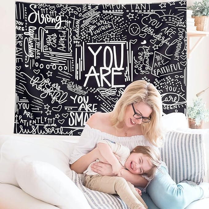 KJHL Quote You Are Wall Tapestry Black and White Inspirational Classroom Kids Tapestries Wall Hanging Motivational Positive Affirmations Saying Aesthetic Tapestry for Bedroom Dorm(51" x 59")