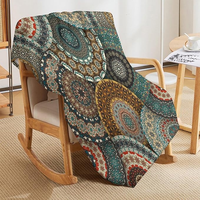 Bohemian Throw Blanket Colorful Vintage Floral Mandala Flower Aztec Boho Blanket for Sofa Bed Couch Chair Or Dorm 50"x60"