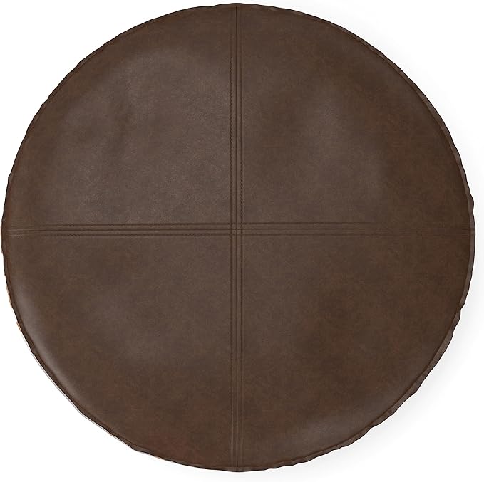 SIMPLIHOME Brody Boho Round Pouf in Distressed Dark Brown Vegan Faux Leather for the Living Room, Bedroom and Kids Room