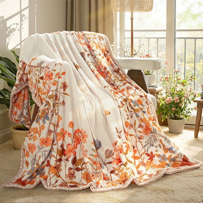 Lahome Floral Fleece Blanket for Women Girls Dorm Boho Decor, Small Throw Blanket for Couch Bed Chair Cover, Decorative Fleece Blanket Throws Mom Gift Spring Home Decor,Orange Wild Flower 50x60