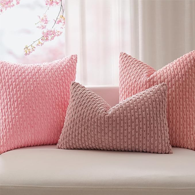 Kevin Textile Valentines Day 12x24 Inch Pillow Cover 1 Pack Boho Decorative Soft Striped Corduroy Lumbar Farmhouse Accent Rectangle Cushion Case for Living Room Couch Sofa Bed, Dark Pink