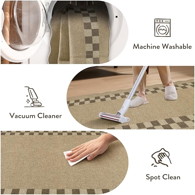 LIVEBOX Scalloped Easy Jute Checkered 8x10 Outdoor Rug, Washable Farmhouse Tan Rugs for Living Room Bedroom, Geometric Indoor Outdoor Non Slip Rug Dining Room Mat Carpet for Patio Backyard Home Decor