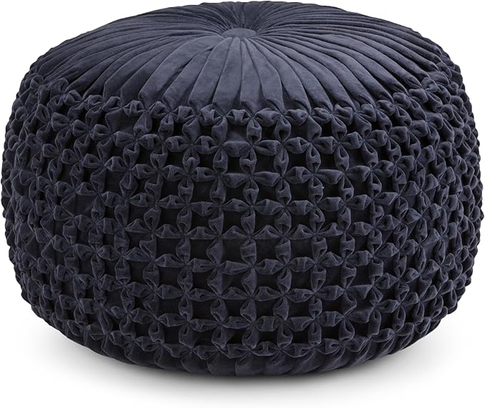 SIMPLIHOME Renee Round Pouf - 20 inch Wide Upholstered Velvet Ottoman in Navy, Boho Footstool or Extra Seating for Living Room or Bedroom with Button-Tufted Pleated Design, Assembled