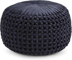 SIMPLIHOME Renee Round Pouf - 20 inch Wide Upholstered Velvet Ottoman in Navy, Boho Footstool or Extra Seating for Living Room or Bedroom with Button-Tufted Pleated Design, Assembled