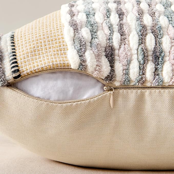 ANRODUO Pack of 1 Boho Decorative Throw Pillow Covers 18x18 Farmhouse Cushion Case Striped Chenille Pillow Cases Square Pillow Covers Accent Neutral Pillowcase for Sofa Couch Bed, Gray Blue Stripe
