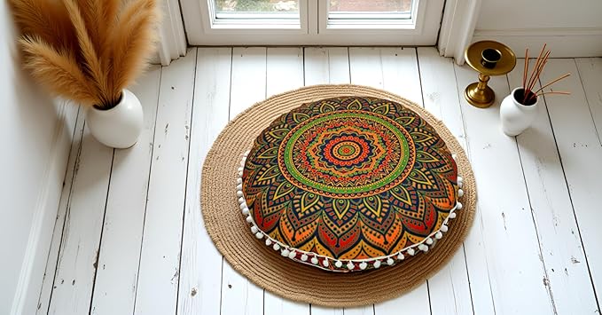 CRAFT KALA 22" Floor Pillows Cover for Sitting, Large Meditation Cushions Cover for Adults, Bohemian Mandala Round Pouf Seating Ottoman Cover for Outdoor Yoga and Living Room New Blue Ombre