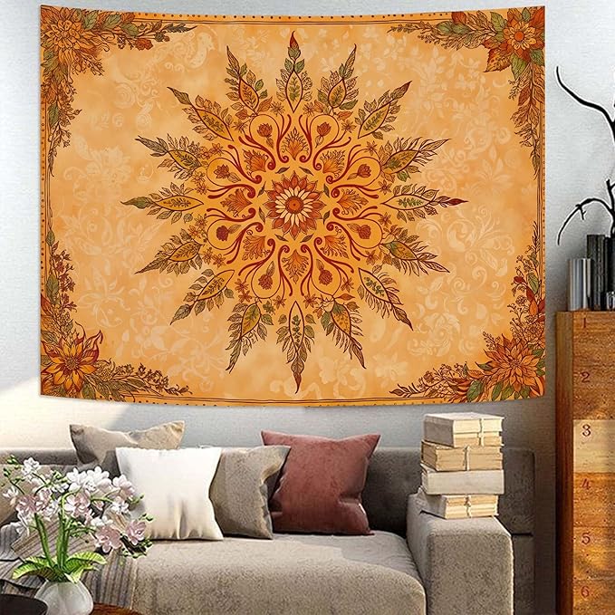 Accnicc Boho Mandala Floral Tapestry Vintage Bohemian Indian Tapestries for Bedroom Aesthetic Retro Orange Yellow Flower Small Tapestry Wall Hanging for Dorm Living Room Decor 48 x 36 Inch