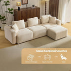 VINGLI 112.2“ Convertible Corduroy Cloud Sectional Couches with Movable Ottoman, L-Shaped Boneless Couches for Living Room with Deep Seat, 3 Seater Modular Spineless Sofa, No Assembly Required, Cream