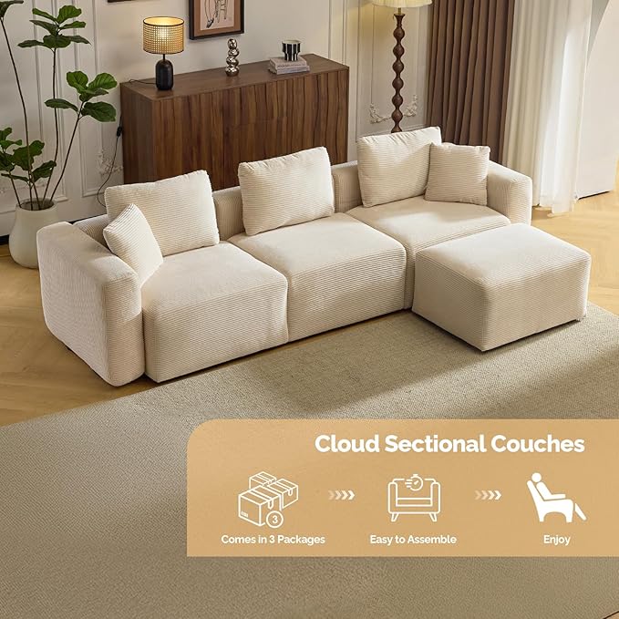 VINGLI 112.2“ Convertible Corduroy Cloud Sectional Couches with Movable Ottoman, L-Shaped Boneless Couches for Living Room with Deep Seat, 3 Seater Modular Spineless Sofa, No Assembly Required, Cream
