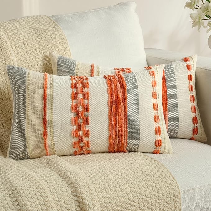 FUTEI Orange Decorative Throw Pillow Covers 12x20 Inch Set of 2, Soft Tufted Striped Textured Accent Pillow Case,Boho Pillows for Couch Decor
