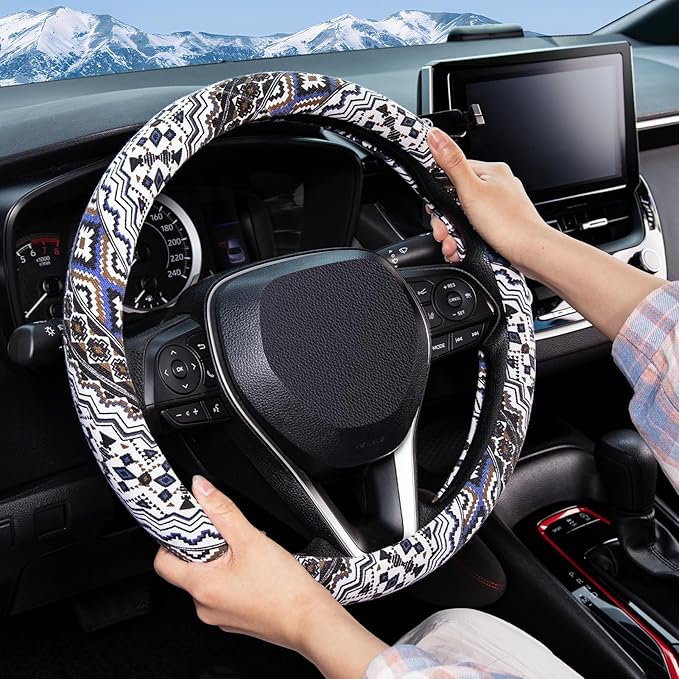 SEG Direct Steering Wheel Cover Handwoven Flax with Geometric Patterns, Anti-Slip & Breathable, Ethnic Style Steering Wheel Protector, Fits 14.5" - 15.25" Wheels