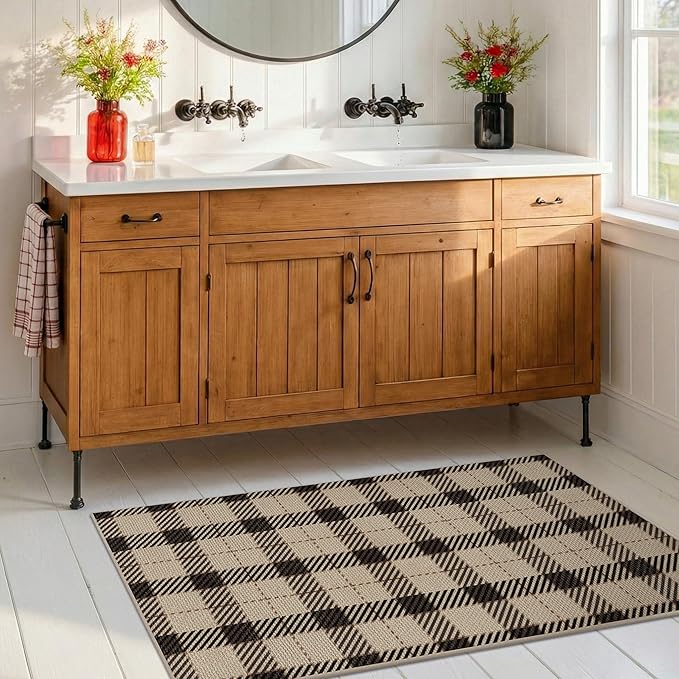 2x4 Entryway Runner Rug, Front Door Runner Indoor Entrance, Washable Checkered Bathroom Rug Non Slip, Non Shedding Jute Black and Tan Buffalo Plaid Door Mat