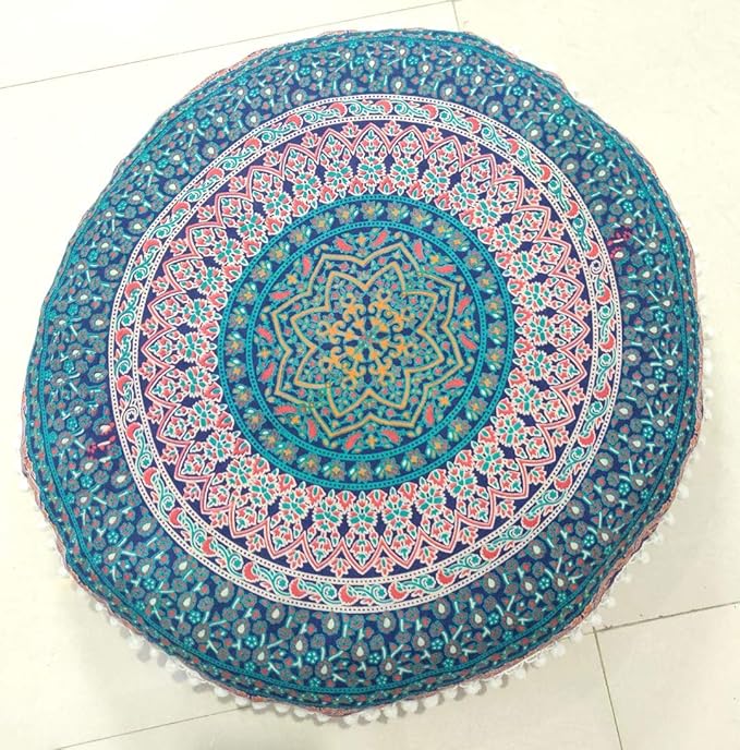 INDIAN CRAFT CASTLE 24" Brown Peacock Mandala Barmeri Large Floor Pillow Cover Cushion Meditation Seating Ottoman Throw Cover Hippie Decorative Zipped Bohemian Pouf Ottoman Pom Pom Cases 24" Round