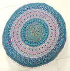 INDIAN CRAFT CASTLE 24" Brown Peacock Mandala Barmeri Large Floor Pillow Cover Cushion Meditation Seating Ottoman Throw Cover Hippie Decorative Zipped Bohemian Pouf Ottoman Pom Pom Cases 24" Round