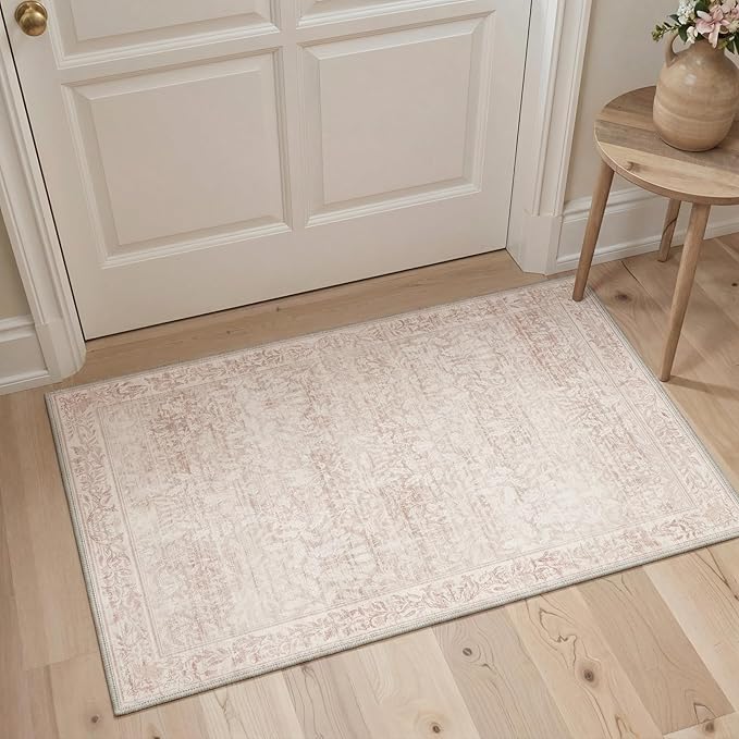 GENIMO 2x10 Runner Rug Non Slip Washable, Vintage Floral Kitchen Runner Rug, Low Pile Lightweight Hallway Runner for Laundry Room, Bathroom, Bedroom, Pink