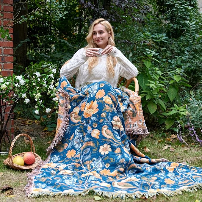 Boho Throw Blanket 60"x80" 100% Cotton Floral Twin Size Bed Blanket with Flower Bird,Reversible Soft Breathable Lightweight Spring Decorative Blankets with Fringe for Couch Sofa Decor All Season