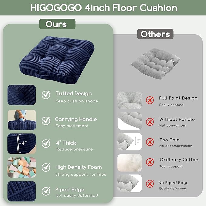 HIGOGOGO Floor Pillow Cushion for Adults, Meditation Cushion Pillow, Large Square Floor Sitting, Tufted Corduroy Cover, for Tatami Living Room or Yoga, 22x22 Inch, 2Pack, Navy