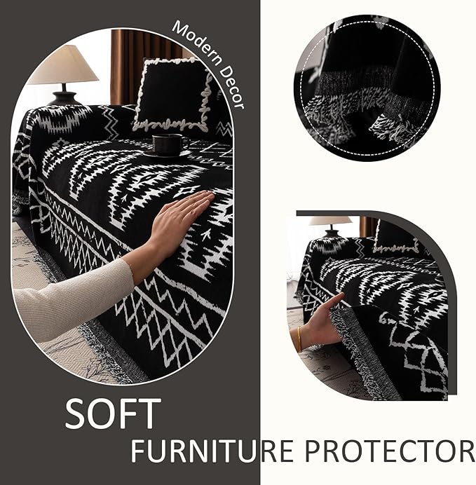 VClife Boho Couch Cover Chenille Sofa Cover for Sectional Sofa, Non Slip Couch Covers for 3 Seater Sofa Pet Friendly Sofa Protector with Tassel, Tribal Pattern Couch Slipcover, Black, 71"X150"