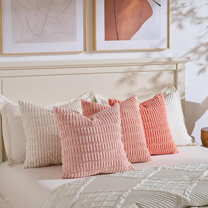 Fancy Homi 4 Packs Boho Blush Pink Big Decorative Throw Pillow Covers 24x24 Inch for Living Room Couch, Soft Plush Striped Corduroy Square Light Pink Coral Peach Cream Colorful Cushion Case 60x60 cm