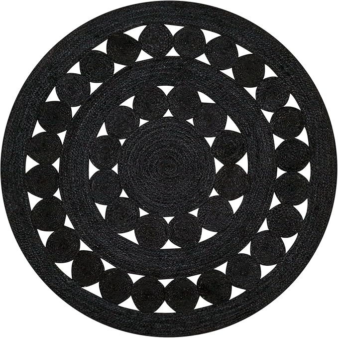 Hand Woven Braided Jute Rug - 5' Round - Black Reversible Farmhouse Rugs for Living Room, Bedroom, Dining Room, Kitchen - Natural Decorative Floor Boho Entry Area Rugs - Jute Round Rug 5ft