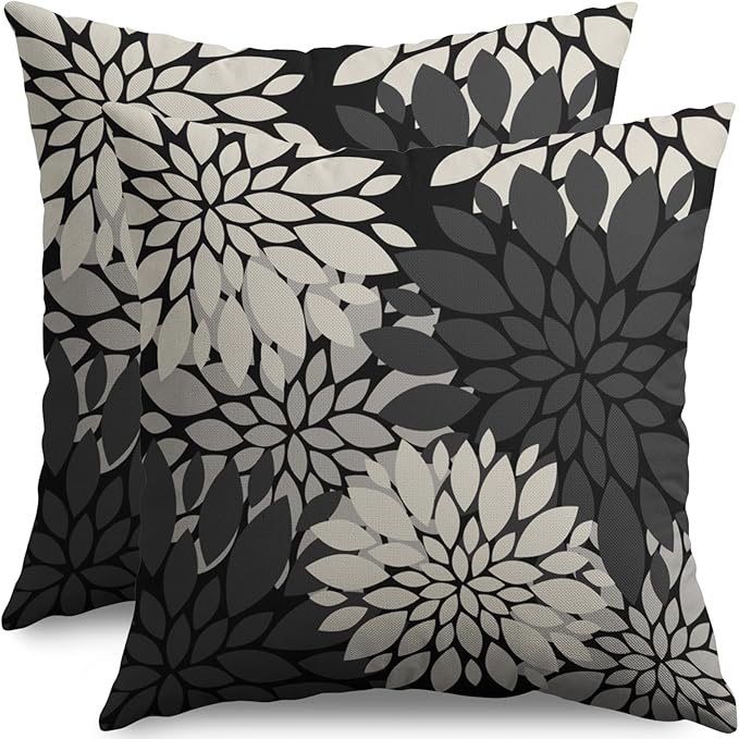 Black Cream Grey Gray Pillow Covers 16X16 Inch Set of 2, Modern Dahlia Floral Print Decorative Throw Pillow Covers Outdoor Farmhouse Cushion Case for Home Couch Sofa Bed Decoration
