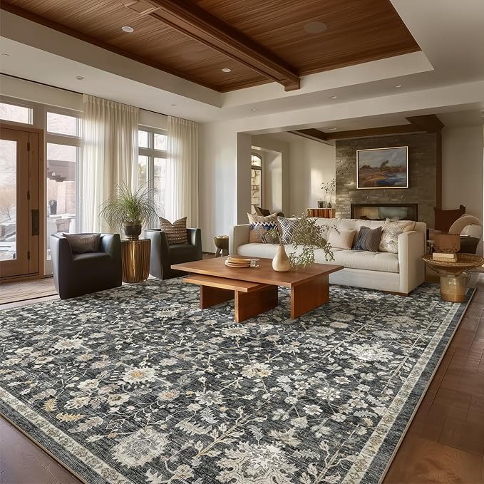 Washable Rugs for Living Room: 9x12 Area Rugs for Bedroom Ultral Soft Non-Slip Stain Resistant Vintage Boho Large Carpet for High-Traffic Dining Room - Farmhouse Decor