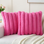 FUTEI Hot Pink Decorative Throw Pillow Covers 22x22 Inch Set of 2, Square Soft Faux Rabbit Fur Thick Striped Cushion Cover,Spring Home Decor for Couch Bed Living Room