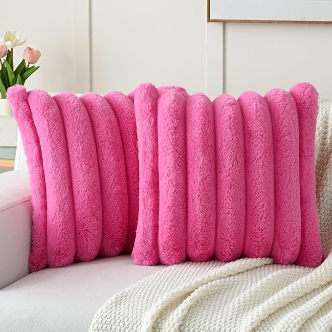 FUTEI Hot Pink Decorative Throw Pillow Covers 22x22 Inch Set of 2, Square Soft Faux Rabbit Fur Thick Striped Cushion Cover,Spring Home Decor for Couch Bed Living Room
