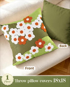 Embroidered Throw Pillow Cover - 18x18 Decorative Pillow Cover with Zipper Aesthetic Cute Design Boho Spring Summer Cozy Throw Pillowcase for Living Room Couch Sofa Bed, Green Flowers