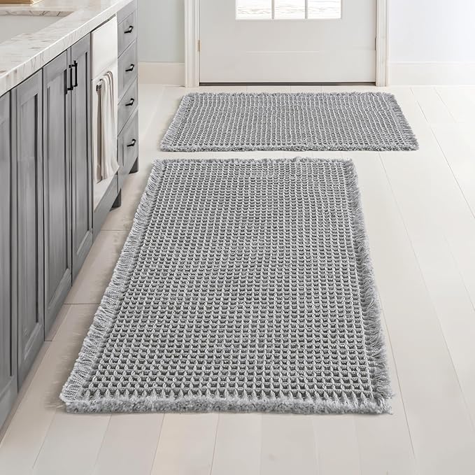 MIULEE Set of 2 Waffle Bathroom Rugs, Boho Bath Rugs Non Slip Washable, Super Absorbent Bath Mats, Ultra Soft Rubber Backed Shower Mats for Bathroom Floor, Tub and Shower, Light Grey, 17"x24"+18"x30"