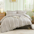 WONGS BEDDING Grey Textured Comforter Set Queen,3 Pieces Ruffle Farmhouse Shabby Chic Comforter for Queen Bed,Soft Seersucker Boho Bedding Set with 1 Ruffle Comforter,2 Tufted Pillowcases 90"×90"