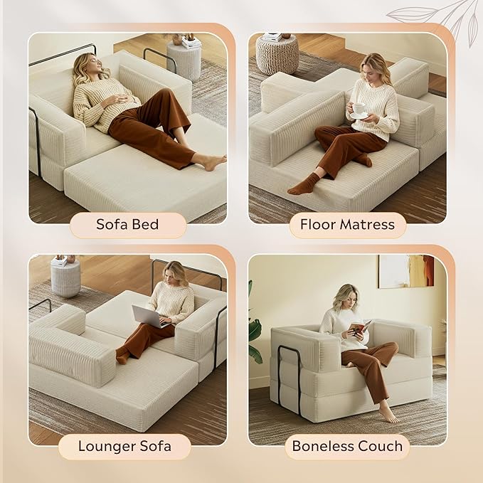 WLIVE 60'' Futon Sofa Bed, Convertible Sleeper Sofa, Folding Pull Out Couch Boneless Mattress with Fixed Frame, Corduroy, Greyish Beige