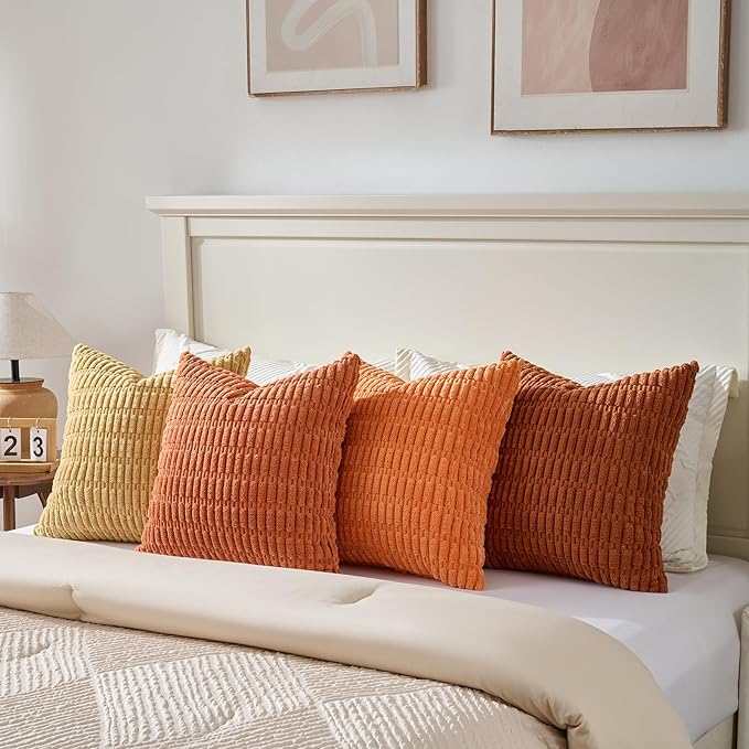 Fancy Homi Set of 4 Burnt Orange Fall Boho Decorative Throw Pillow Covers 28x28 Inch for Couch Bed Sofa, Aesthetic Modern Bohemian Room Decor, Fuzzy Fluffy Cozy Corduroy Textured Cushion Case 71x71cm