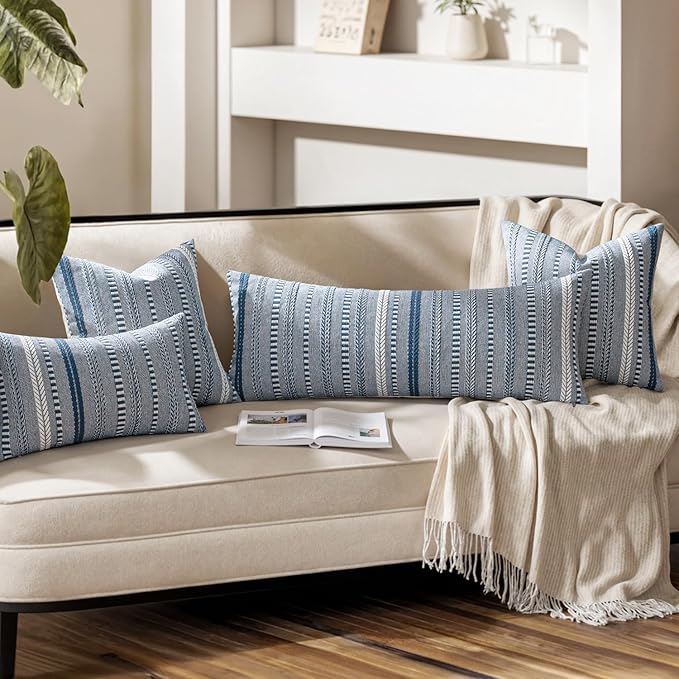 ANRODUO Pack of 2 Boho Throw Pillow Covers 24x24 Inch Farmhouse Decorative Couch Pillow Cases Jacquard Cushion Cover Neutral Accent Pillows of Bed Sofa Bedroom Living Room Home Decor, Navy Blue