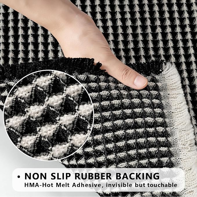 MIULEE Set of 2 Waffle Bathroom Rugs, Boho Bath Rugs Non Slip Washable, Super Absorbent Bath Mats, Ultra Soft Rubber Backed Shower Mats for Bathroom Floor, Tub, Black & Cream, 17"x24"+18"x30"