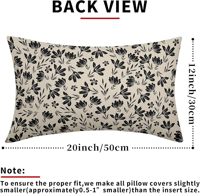Black Floral Pillow Covers 12x20 Set of 2 Vintage Rustic Old Style Cute Small FlowerBlack Cream Print Decorative Outdoor Pillowcases Farmhouse Throw Cushion Case Decor for Couch Sofa Bed