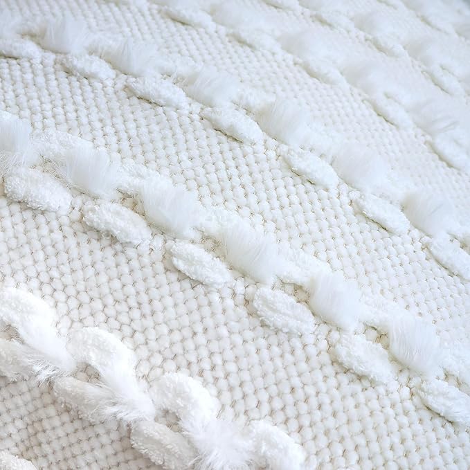 18x18 Boho Pillow Cover - Chenille Tufted Decorative Throw Pillow Cover Soft Velvet Backing, Farmhouse Striped Square Accent Pillow Case for Sofa, Couch, Bedroom, Living Room, White
