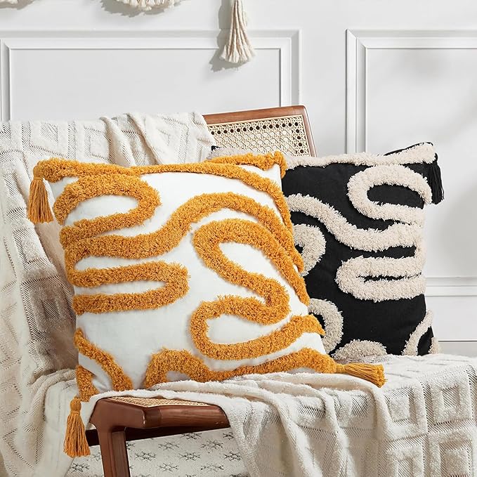 Adabana Black and Beige Pillow Covers Decorative Tufted Abstract Throw Pillows Cover Modern Farmhouse Home Decor for Couch Living Room Safa Bed,18X18 Inch