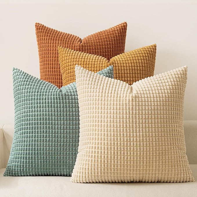 MIULEE Boho Farmhouse Decorative Pillow Covers 20x20 Inch Set of 4 Rustic Modern Fall Home Decor Couch Home Decor Couch Throw Pillows Summer Corduroy Pillowcases for Sofa Living Room Bed Orange/Teal