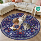 Round Area Rug for Living Room: 4 ft Floral Washable Circle Rug Soft Boho Non-Slip Carpet Indoor Stain Resistant Low Pile Small Circular Rug for Bedroom Entryway Kitchen Nursery Home Office Blue