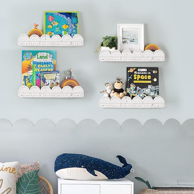 AELS Scalloped Nursery Bookshelf, Set of 4, Picture Ledge Shelf for Wall Decor, Woven Natural Fibre Floating Shelves for Books, Toys, Photo Frames, Nursery, Boho Modern Farmhouse Book Shelf, White