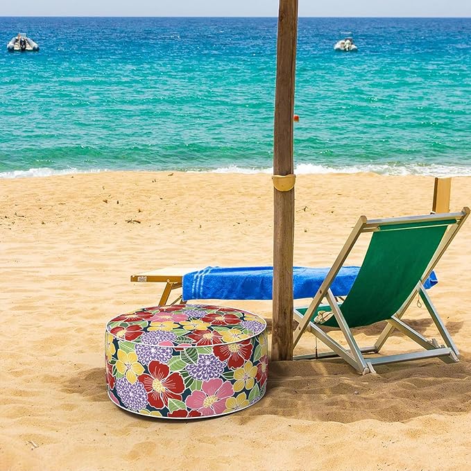 Inflatable Ottoman Stool D21 xH9 for Outdoor/Indoor Use, Water Repellent Patio Foot Rest with Portable Handle,Round Pouf Ottoman Suitable for Garden,Deck and Camping-Flower Bloom