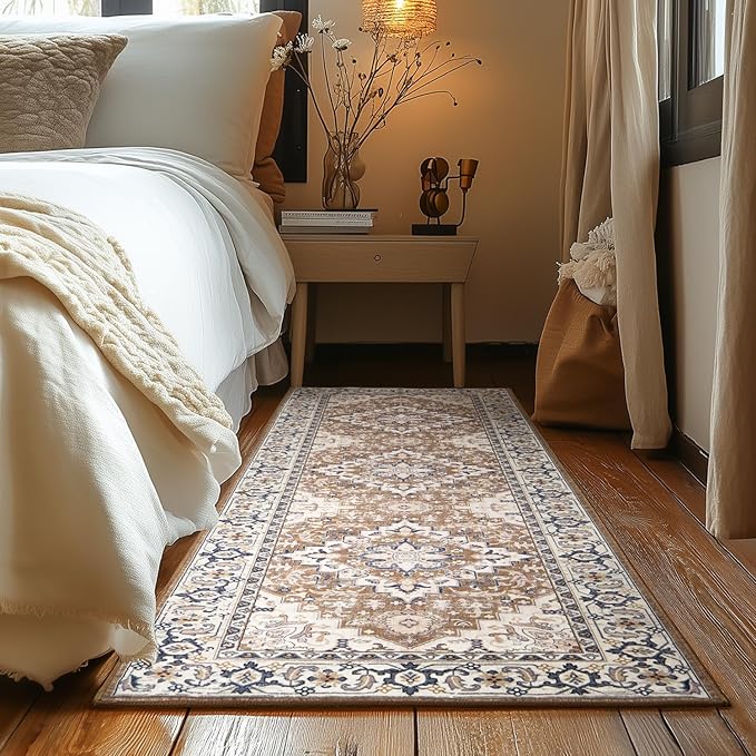 Lessymo Runner Rug for Hallway, Machine Washable Area Rugs Boho Faux Wool Low Pile Area Rug for Bedroom, Floral Medallion Vintage Rugs with Non-Slip Rubber, Brown Beige