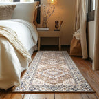 Lessymo Runner Rug for Hallway, Machine Washable Area Rugs Boho Faux Wool Low Pile Area Rug for Bedroom, Floral Medallion Vintage Rugs with Non-Slip Rubber, Brown Beige
