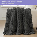 Bigacogo Chunky Knit Throw Blanket for Couch, 80x90 inches, 100% Hand Knitted with Thick Jumbo Chenille Yarn, Cozy Soft Large Rope Knot Cable Crochet Blankets for Sofa Bed Living Room, Dark Grey