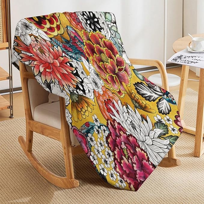 Boho Floral Throw Blanket Bohemian Colorful Flowers Print Mandala Blanket for Sofa Bed Couch Chair Or Dorm 60"x80"