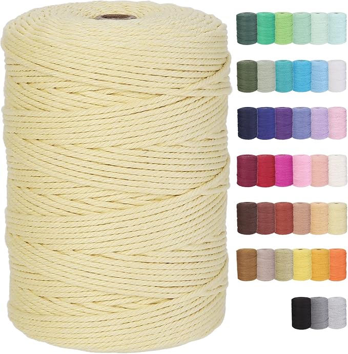 Macrame Cord 3mm x 328yards Natural Macrame Cotton Rope Colored Macrame Rope Soft Cotton Cord Macrame Supplies Craft Rope Macrame Yarn for Plant Hanger Wall Hanger Dreamcatcher (Light Yellow)