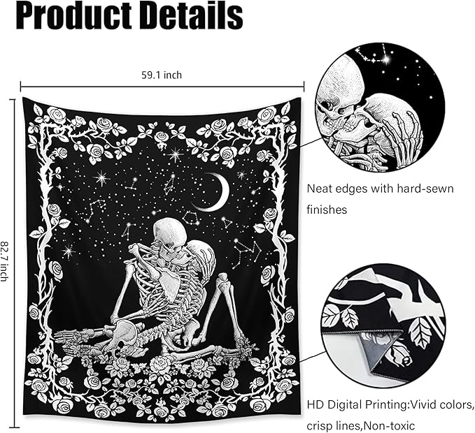 Wonrizon The Kissing Lovers Skull Tapestry,Black and White Romantic Constellation Skeleton Tapestries Wall Hanging decor for Living Room Bedroom (59.1”x 82.7”)