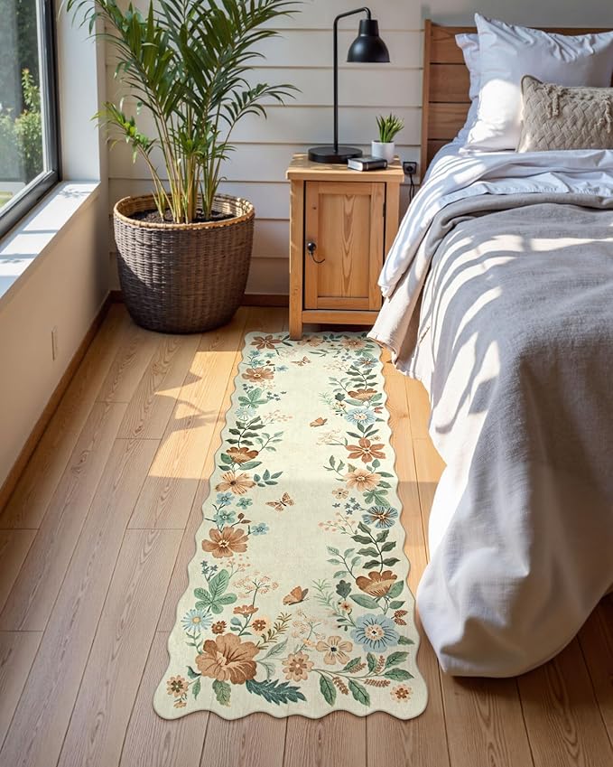 Lahome Floral Kitchen Runner Rug, 2X6 Rug Runners for Hallways Non Slip Ultra-Thin Soft, Non Slip Washable Runner Low-Pile Stain Resistant Boho Carpet for Bedroom Flore (2x6ft,Beige)